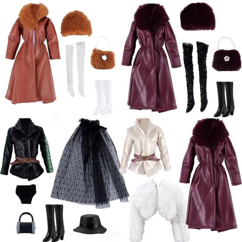 Set di Abbigliamento per Bambole da 30cm: Giacca in Pelle con Collo in Pelliccia, Pantaloni e Gonna per Bambole Supermodel 1/6