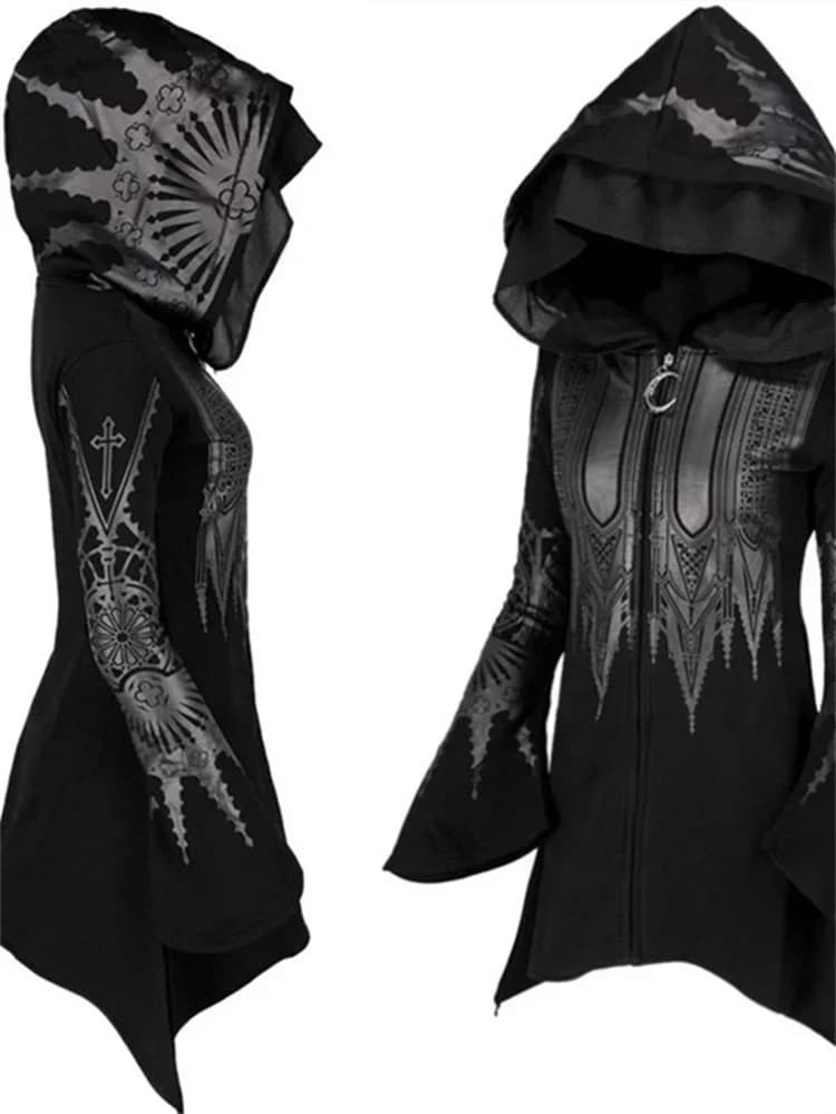 Street Goth Punk Style Nero Lungo Con Cappuccio Top Harajuku Retro Scuro Grunge Y2K Stampa Felpe 2022 Nuovo Autunno Inverno Delle Signore Magliette E Camicette