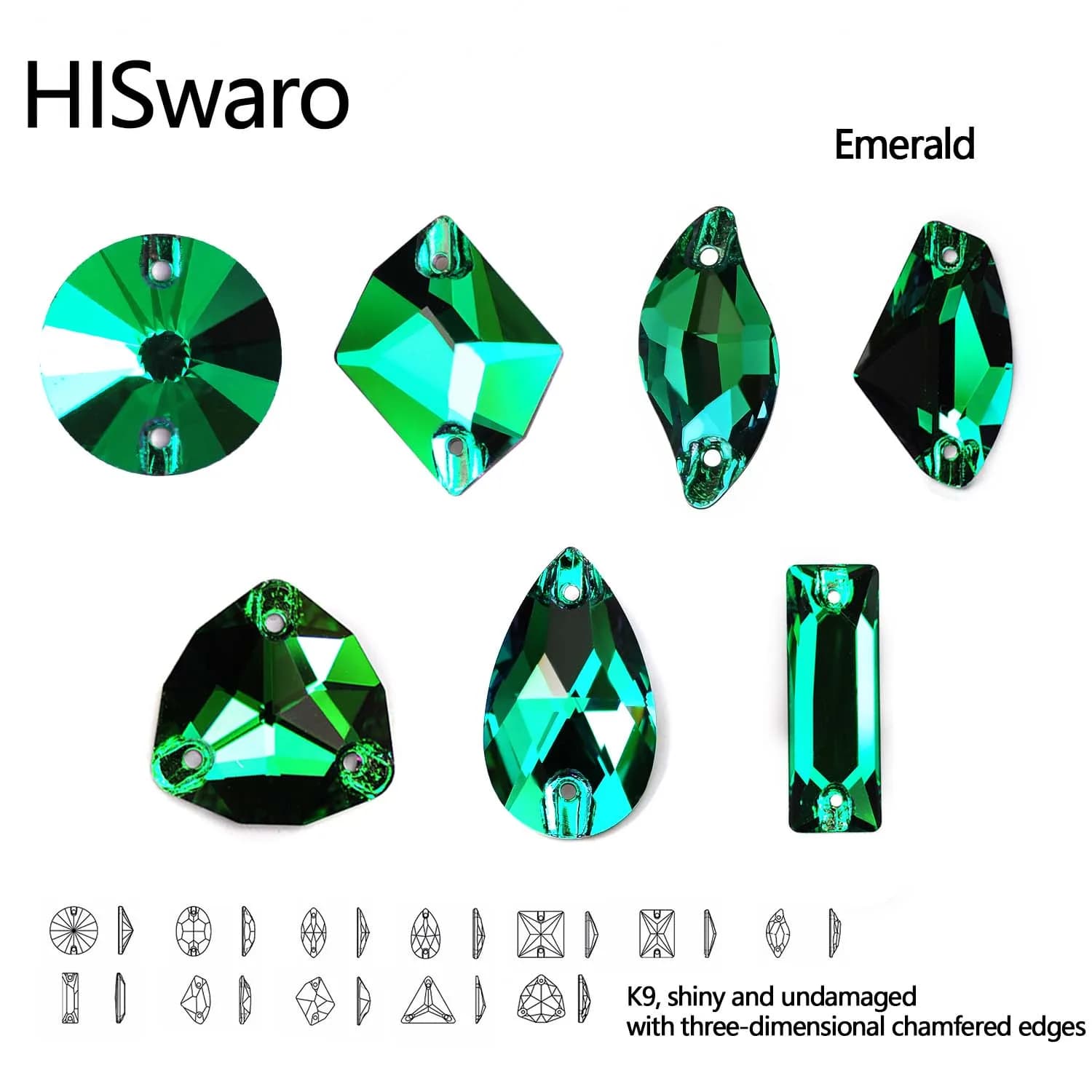 HISwaro Strass in Vetro a Forma di Smeraldo di Varie Dimensioni, Pietre da Cucire per Decorazioni di Abbigliamento, Borse e Scarpe