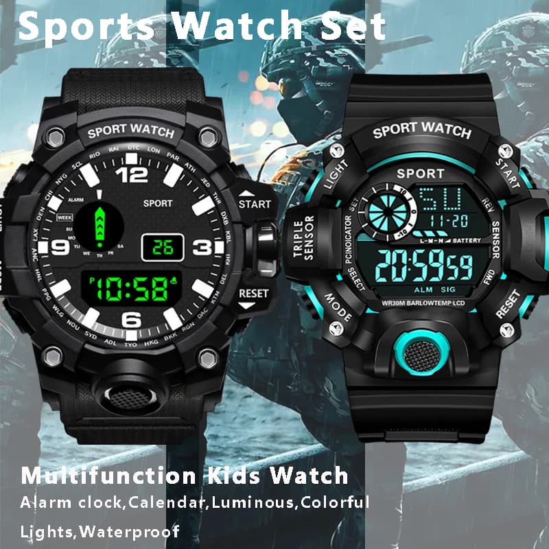 Men's Military Sports Watch Set LED Light Multifunction Digital Wrist Watch for Men, Child, Boy, Student