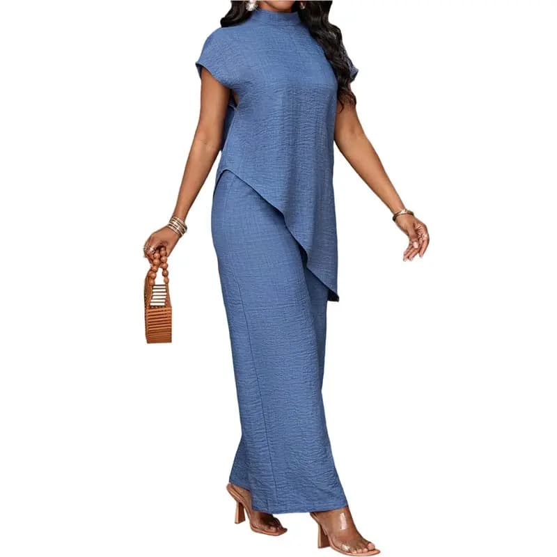 Women 2 Piece Outfits Asymmetrical Top Wide Leg Pants Matching Sets Denim Blue S-A74P