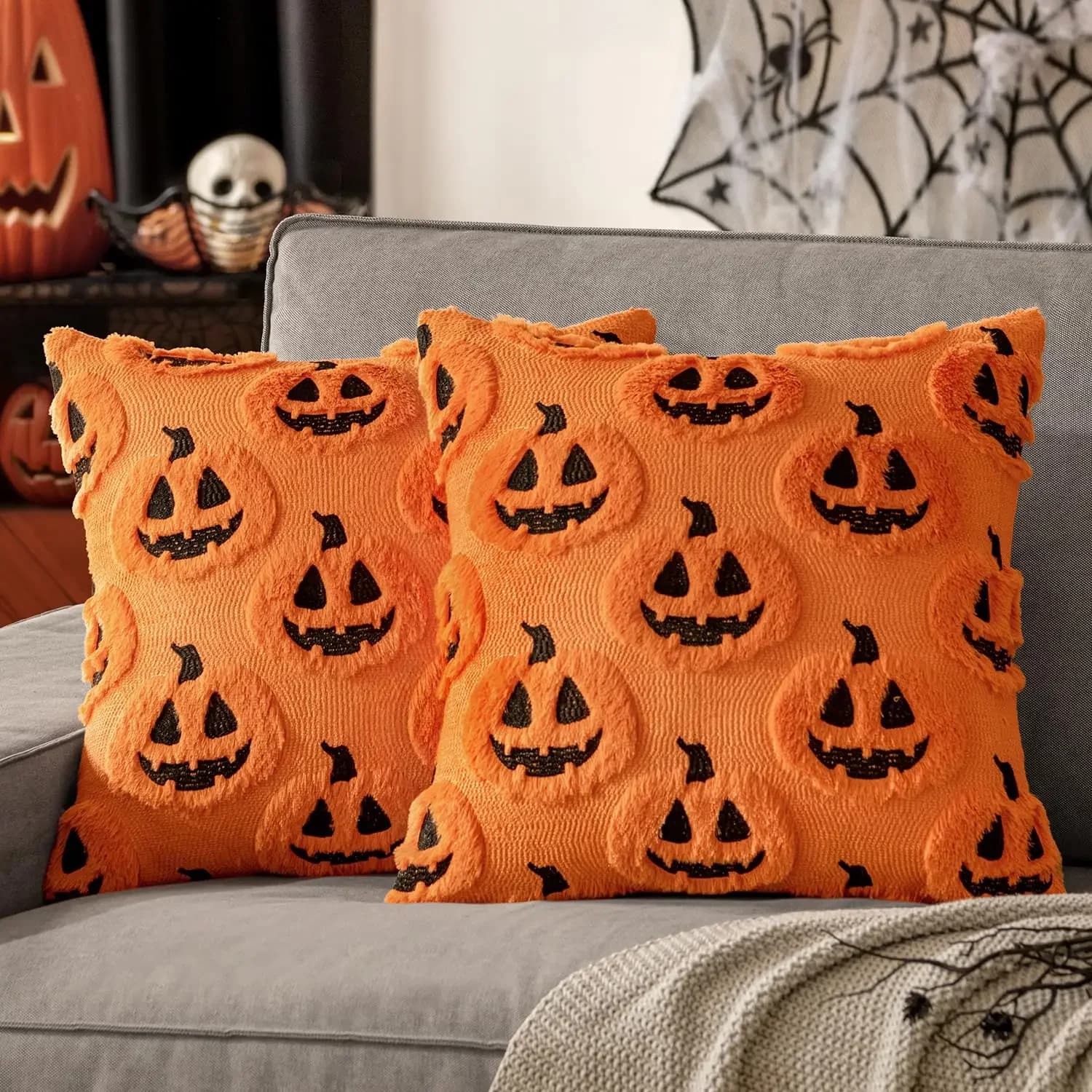 Fodere per cuscini di Halloween, 45x45, Federa decorativa con motivo zucca Cuscini morbidi in morbida lana sintetica per divano di casa