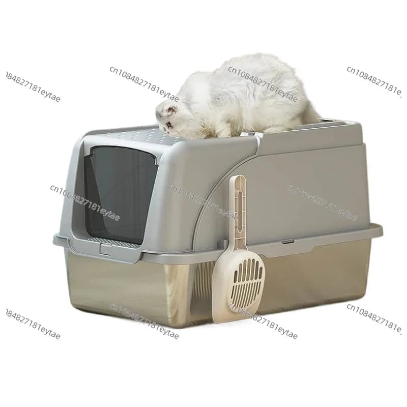 Lettiera per gatti completamente chiusa in acciaio inossidabile, grande, anti-schizzo, con coperchio ribaltabile.
