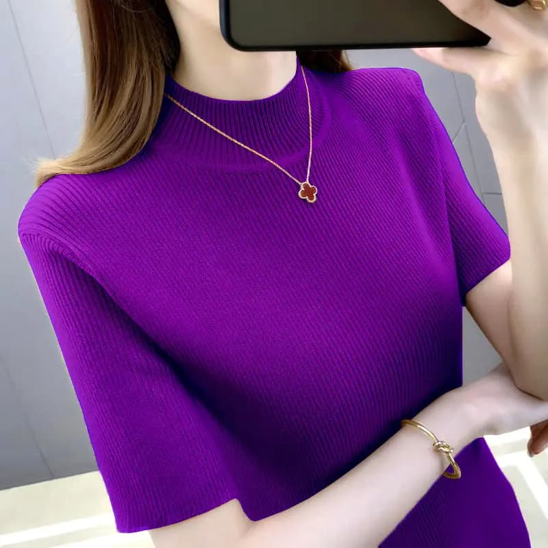 Elegant Fashion Harajuku Slim Fit Female Clothes Casual All Match T-shirts Solid Turtleneck Thin Style Short Sleeve Sweaters