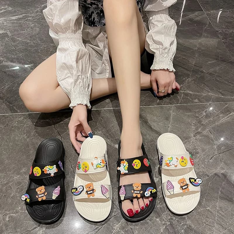Ciabatte estive casual da donna, comode pantofole in lino, infradito a righe con cartoni animati, sandali con plateau, scarpe da esterno da donna