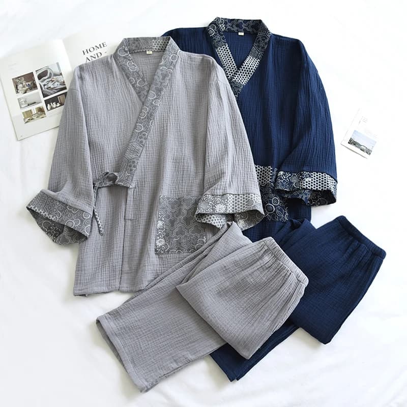 Japanese Kimono Set Cotton Yarn Pajamas Two-piece Couple Yukata Loose Man and Woman Sleepwear Home Clothing