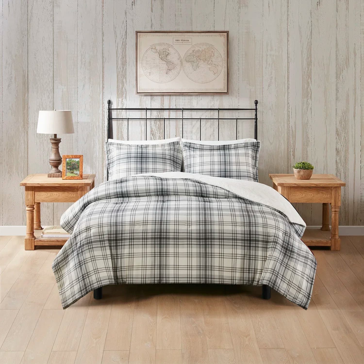 Grey plaid 3-piece comforter set for king size bed with matching shams and decorative pillow