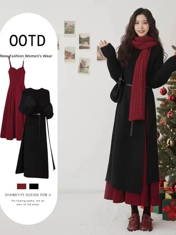 Set Due Pezzi: Maglione Rosso con Spacco e Vestito Halter Modellante con Cintura, Stile Ampio da Donna, Cappotto a Maniche Lunghe di Media Lunghezza
