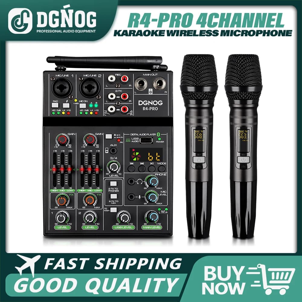 DGNOG Mixer Audio 4 Channel Mixer USB Console Bluetooth with Wireless Mixer DJ microphone for Party Karaoke Machine Sound Bar