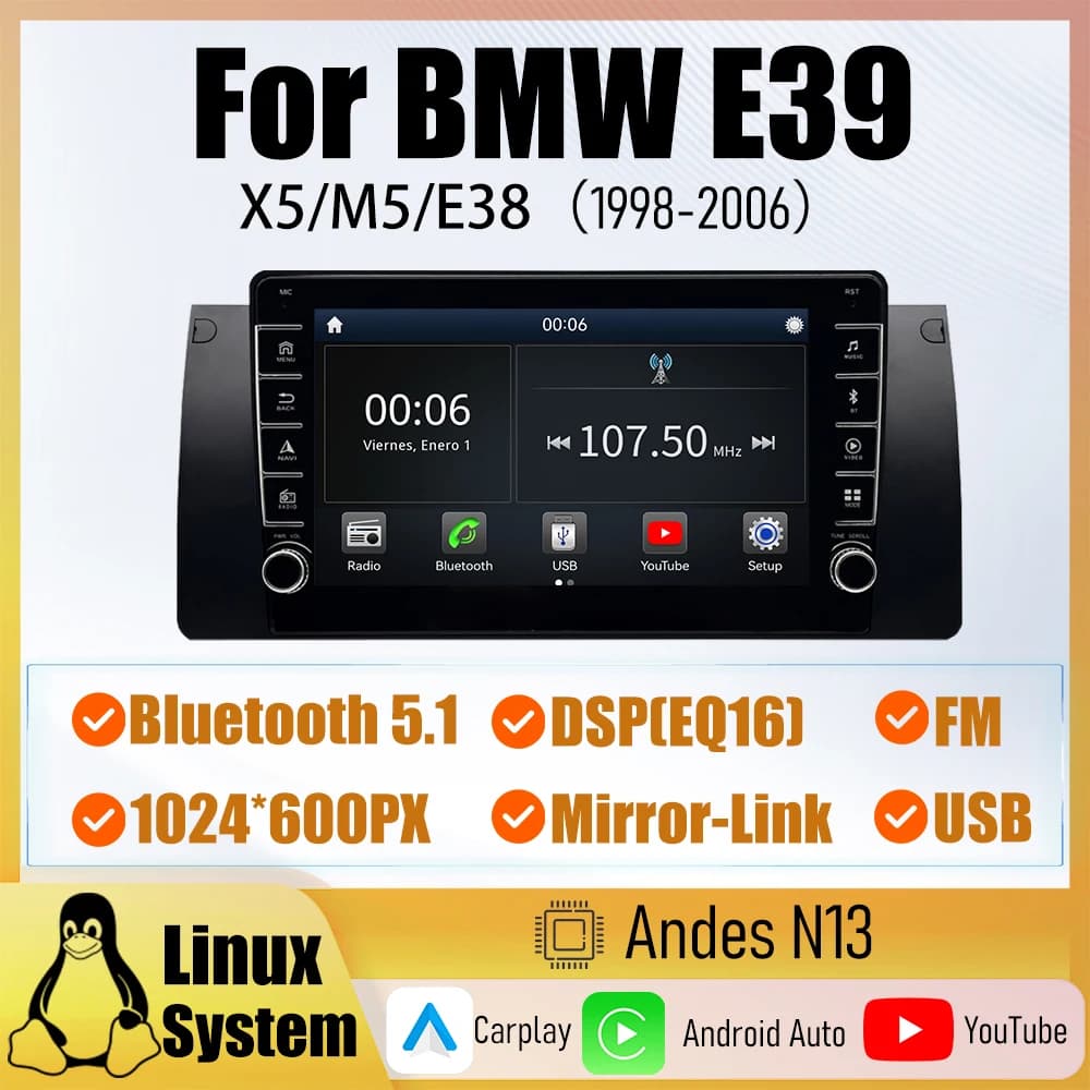Autoradio da 8 pollici per BMW E39 con sistema Linux, Carplay wireless, Android Auto cablato, radio USB, Bluetooth 5.1, FM e MirrorLink