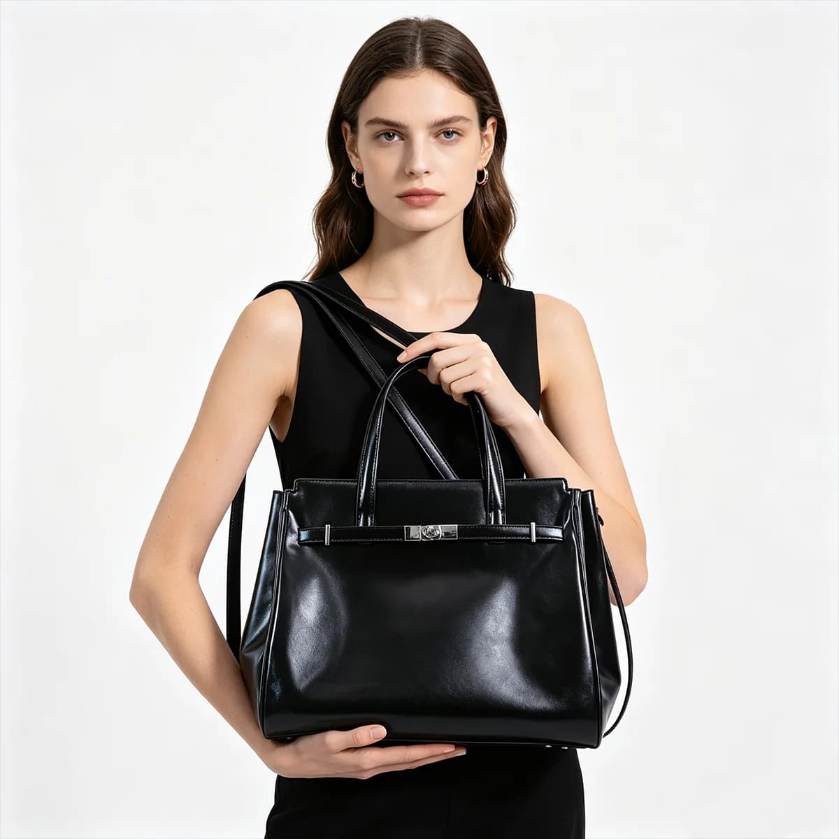 JIOMAY 2026 Unique Design black PU Handbag, Chic Urban Top Handle Purse, Vintage Versatile Commuter Shoulder Bag