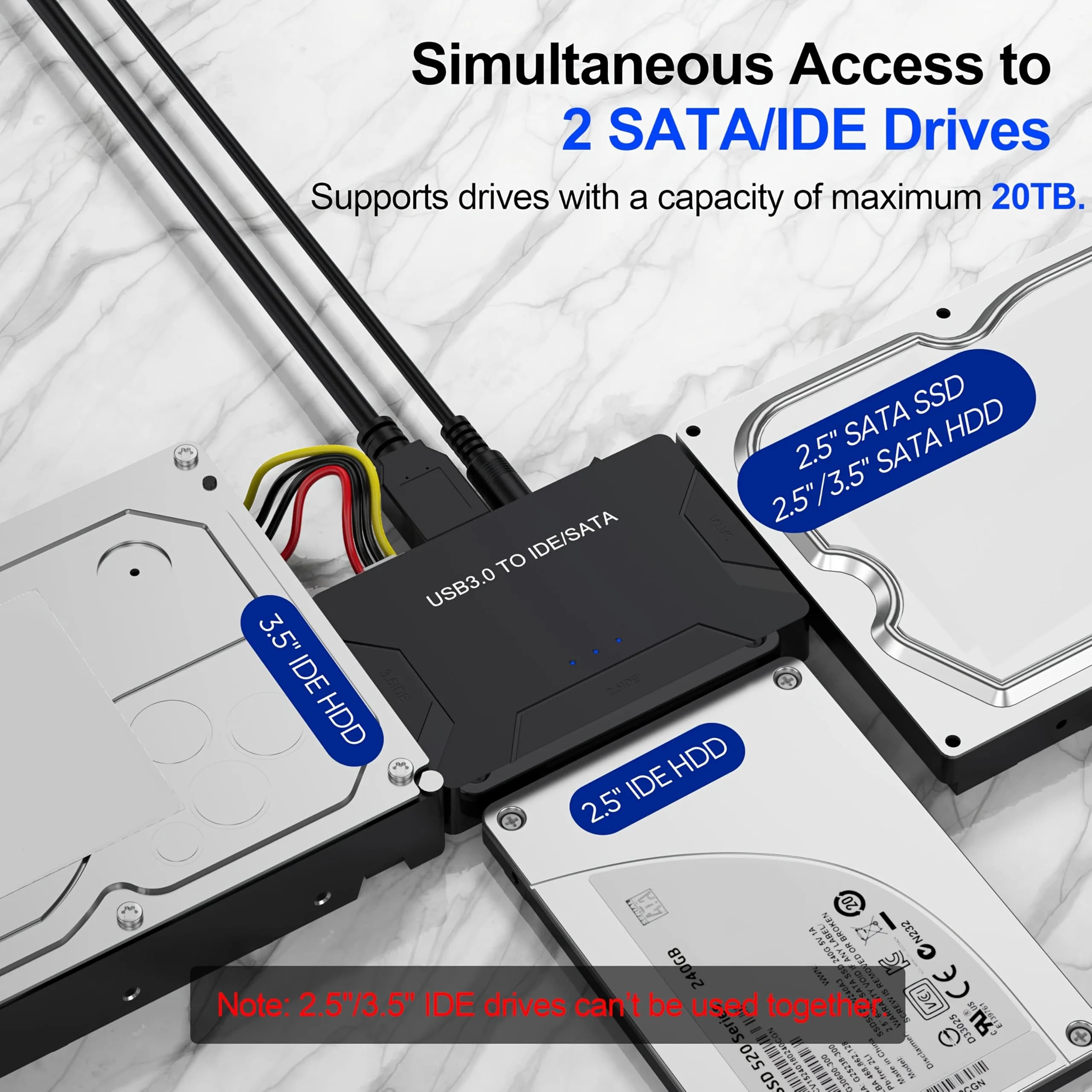 Adattatore USB 3.0 IDE SATA, kit universale per lettura hard disk con supporto per HDD/SSD da 2,5/3,5 pollici, adattatore per hard disk esterno per PC e Macbook