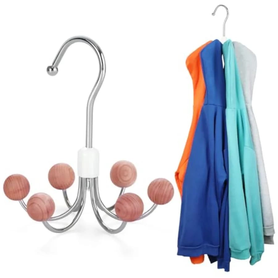 Hoodie Hanger with 6 Balls, 360°Swivel Purse Hanger, Scarf Hanger, Closet Hooks, Handbag Organizer, Bra Hanger, Accessory Organ