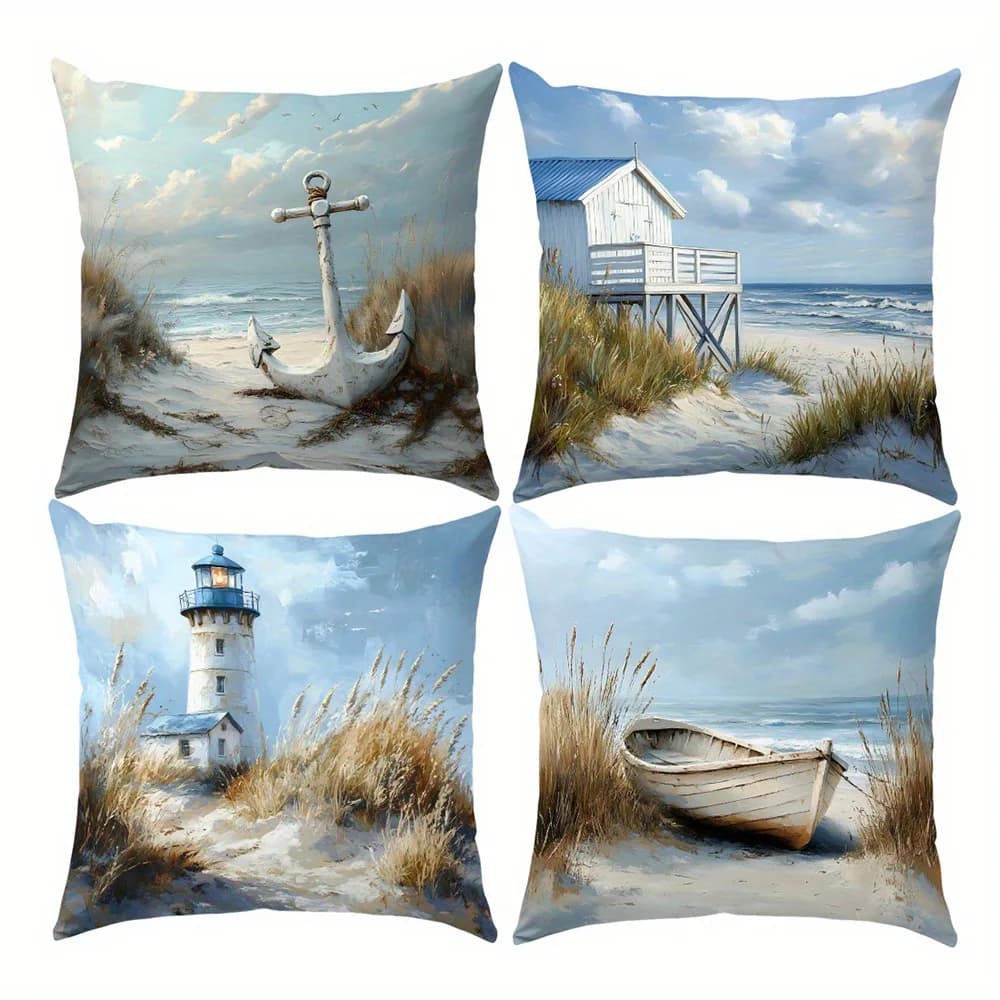Pillow Cases Pillow Case Personalized 1PC 2D Flat Coastal Beach Throw Pillow Covers Lighthouse Anchor Boat Beach Hut Cushion