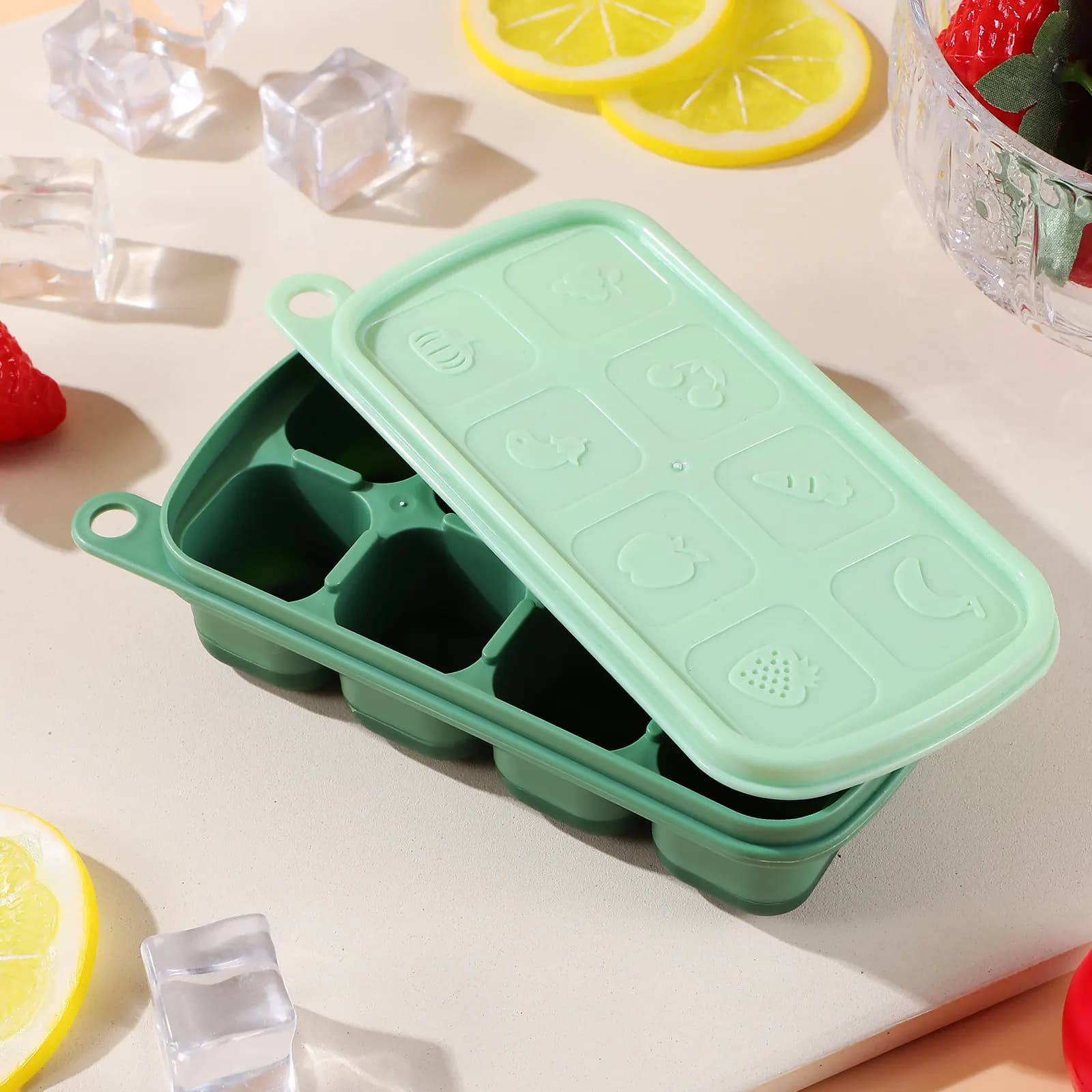 Vassoio per Cubetti di Ghiaccio in Silicone con Coperchio, Facile da Sgusciare, Contenitore per Alimenti, Preparazione Pasti, Contenitore per Salse, Coperchio Incluso