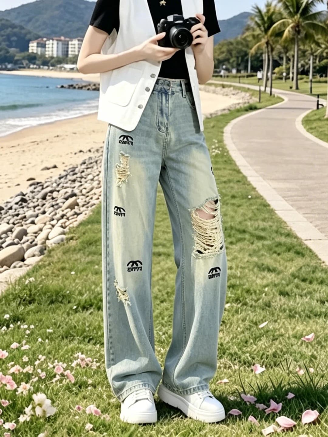 High Waist Wide Leg Pants Women's Summer New Design Loose Print Denim Jeans Hollow out Straight Cut Casual Trousers