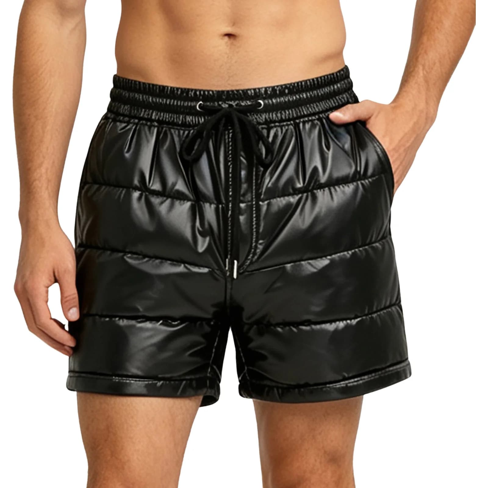 Mens Drawstring Elastic Waist Casual Shorts Leakproofs Bottoms Glossy Puffer Boxer Short Padded Shorts with Side Pockets