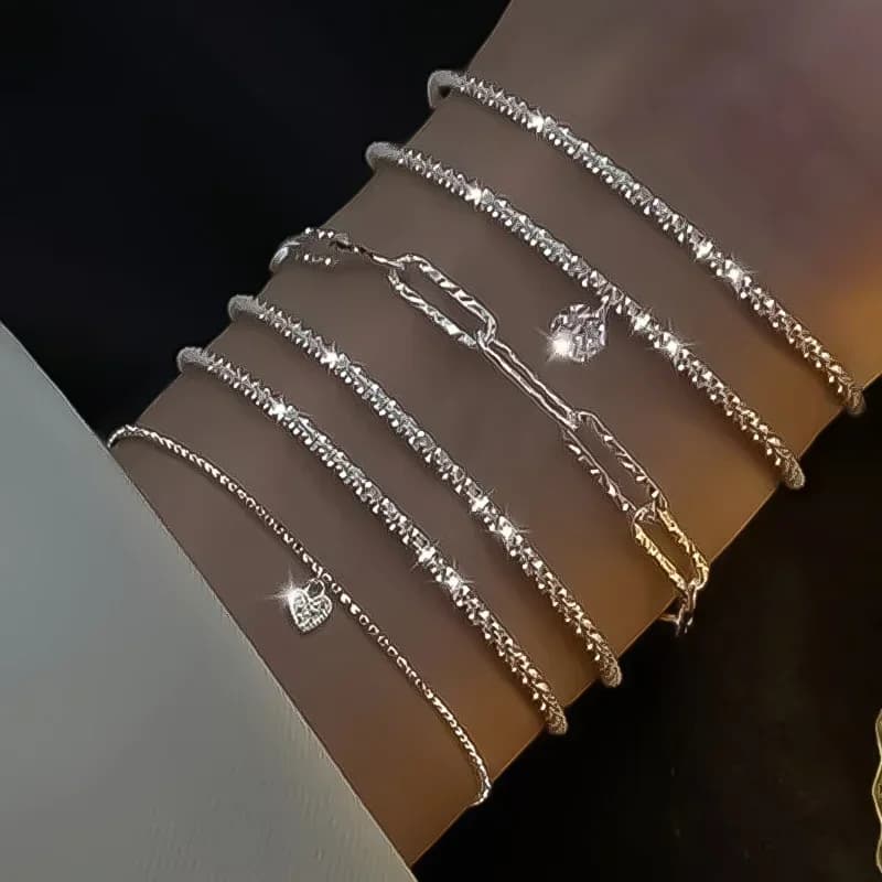 Set di 6 Bracciali in Argento Sterling 925 con Strass per Donne e Ragazze, Lussuosi Bracciali Coreani Scintillanti con Charm a Cielo Stellato, Gioielli da Festa