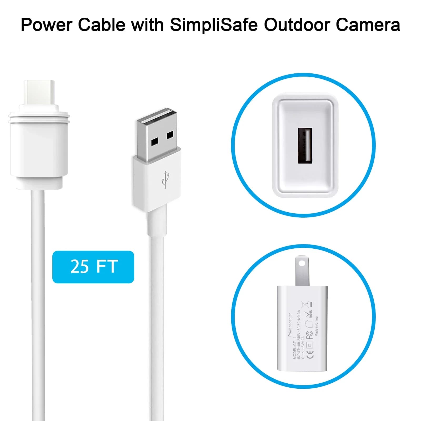 Cavo di ricarica da 7,6 m/25 piedi per telecamera di sicurezza esterna wireless SimpliSafe con caricatore rapido porta USB