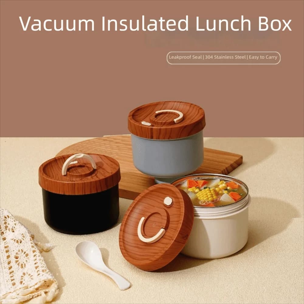Stainless Steel Insulated Lunch Box Double Layered Wood Grain Lid Breakfast Holder with Spoon Stackable Food Storage Container