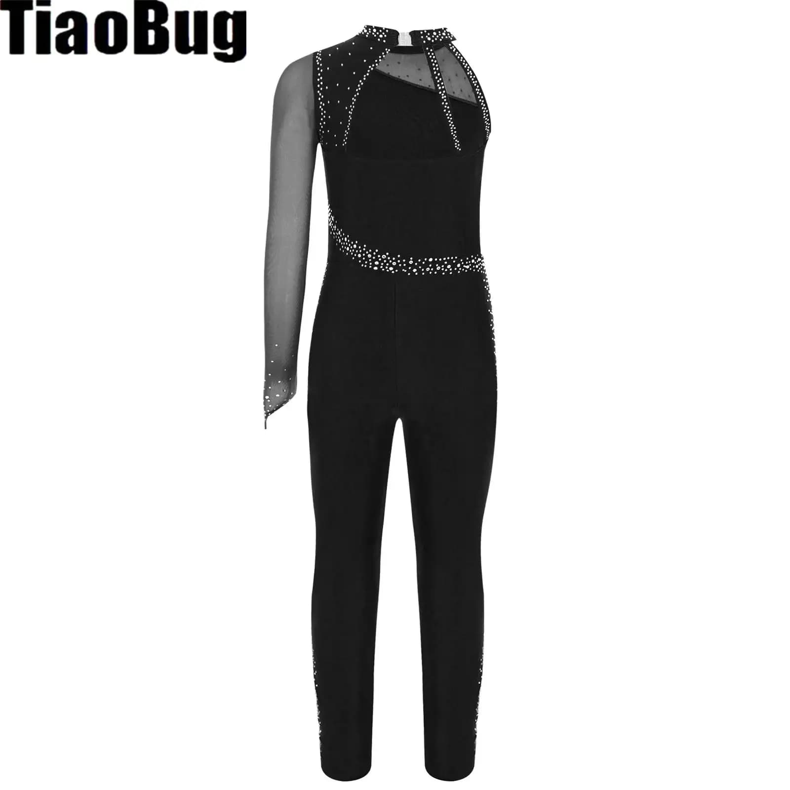 Tuta da ginnastica per ragazze con una spalla Maglia trasparente con strass scintillanti Body completo per balletto Pattinaggio di figura Costumi unitari
