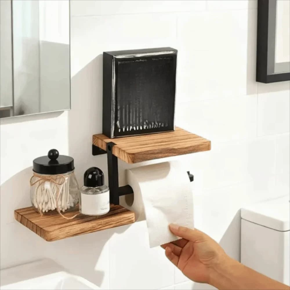 Wooden Wall Mounted Toilet Paper Holder High Load-bearing Stable Countertop Organizer Space Saving Toilet Paper Storage Rack