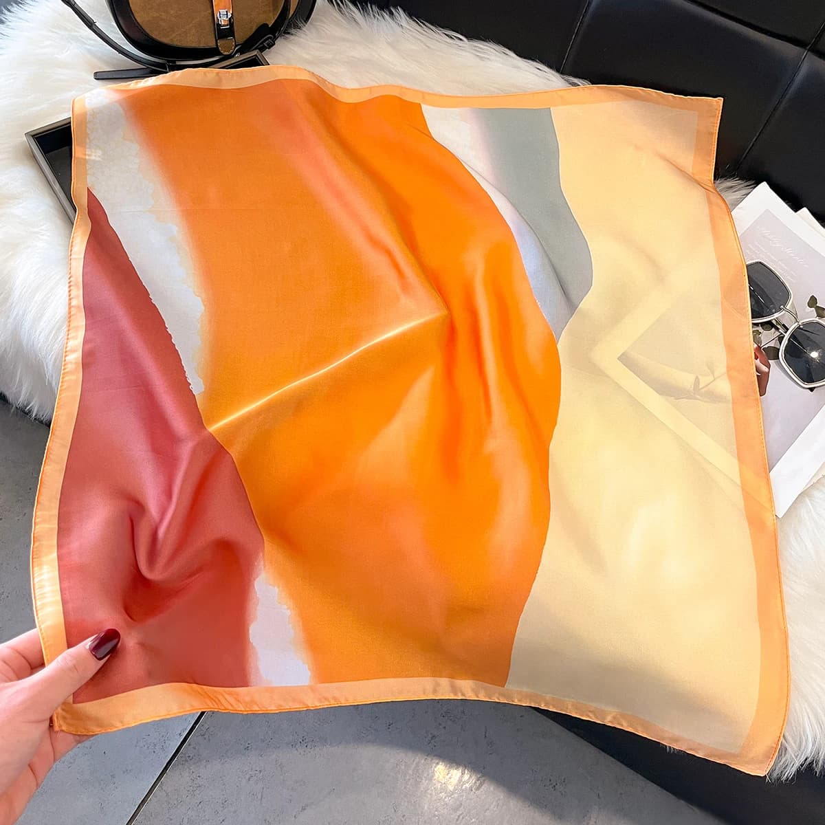 Foulard Quadrato con Stampa Color Block per Donne, Sciarpa in Seta Estiva, Bandana, Hijab, Cravatta per Collo Femminile, Morbido Fazzoletto da Collo