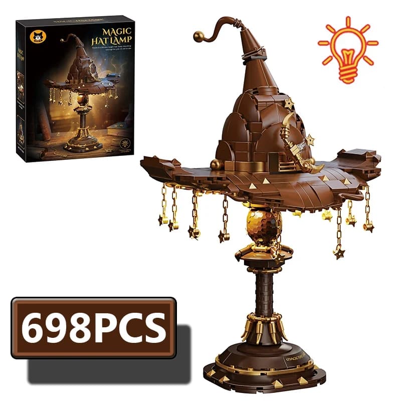 Lampada da scrivania a forma di cappello magico da 698 pezzi, blocchi da costruzione, lampada da scrivania simulata, mattoncini creativi, giocattolo, cappello da mago, luce notturna, regalo per adulti