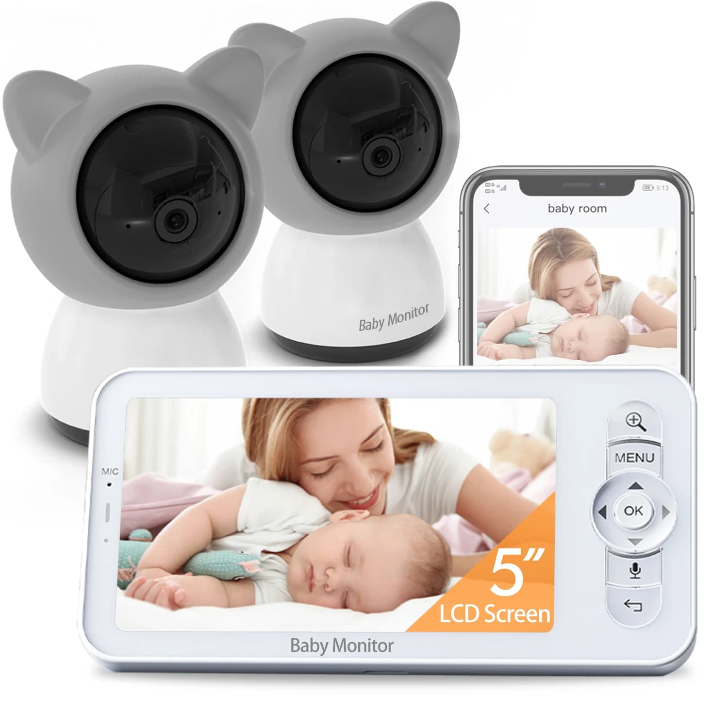 Babystar monitor with 5 inch LCD screen and two cameras, supports split screen, WiFi video for smartphones with double camera, mobile APP control