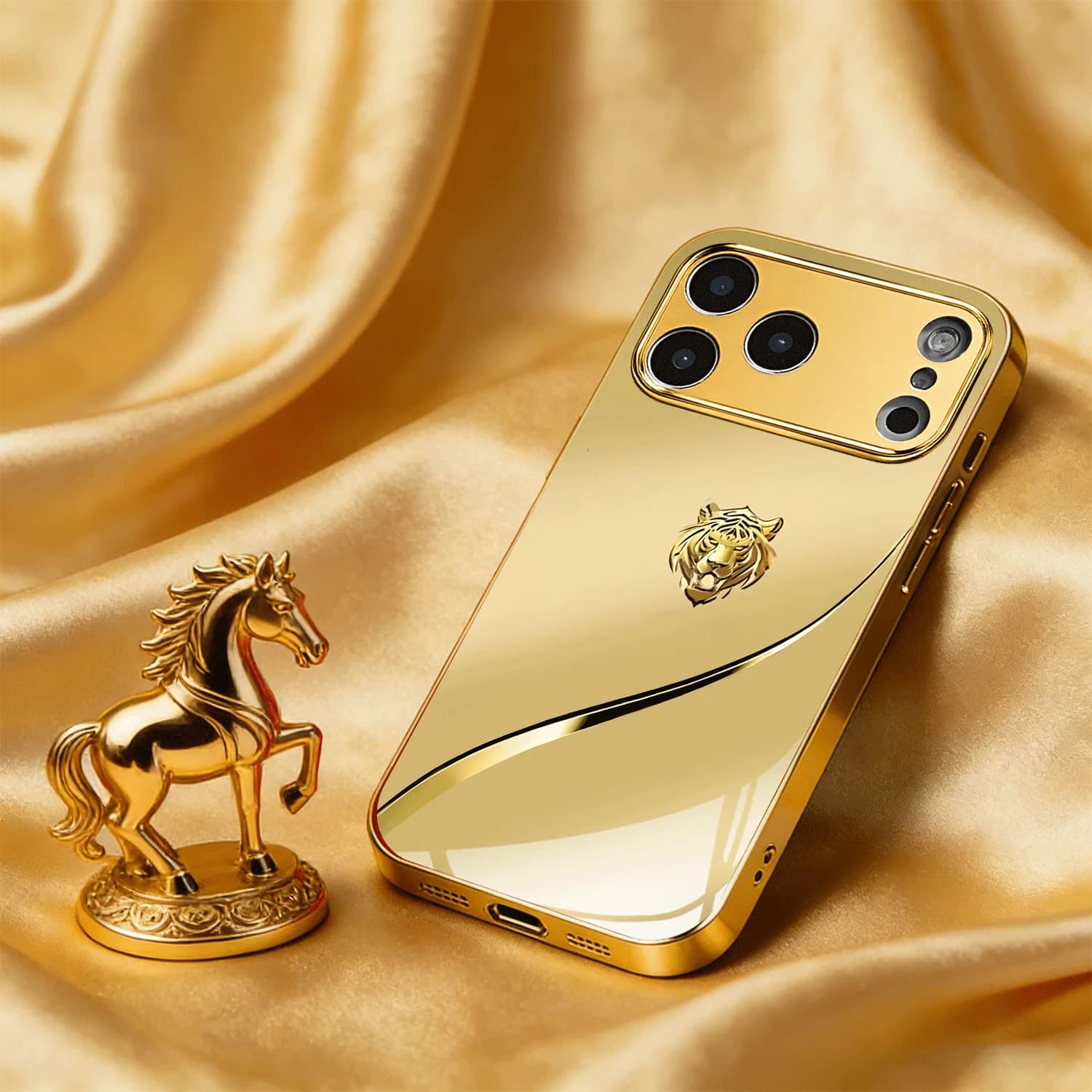 Jin Hu's majestic curve-patterned new electroplated gold-rimmed phone case is suitable for iPhone 17/16/15/14/Plus/Pro/ProMax.