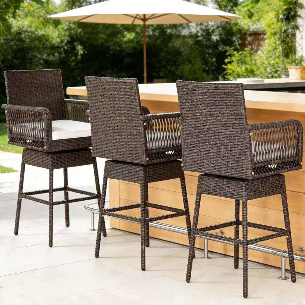 Set of 3 Bar Stools 29 Inch Rattan Wheelchairs with Bearings, Arms and Backrests for External Use in Patio or Pool Edge