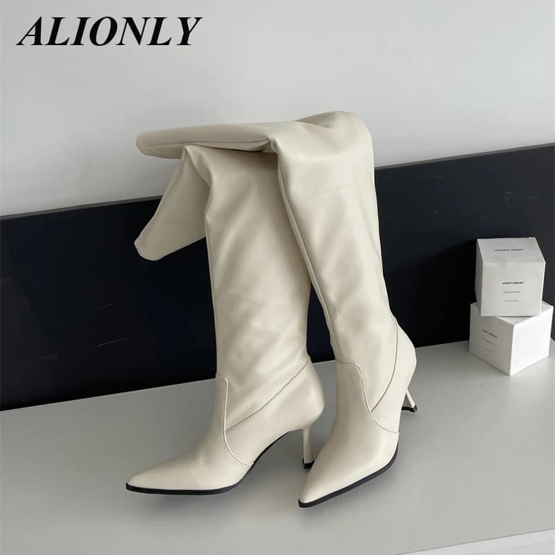 Alionly 2026 Nuovo Design Stivali Alti al Ginocchio da Donna con Punta Affusolata, Stivaletti Lunghi da Festa e da Strada, Scarpe con Tacco Basso Sottile