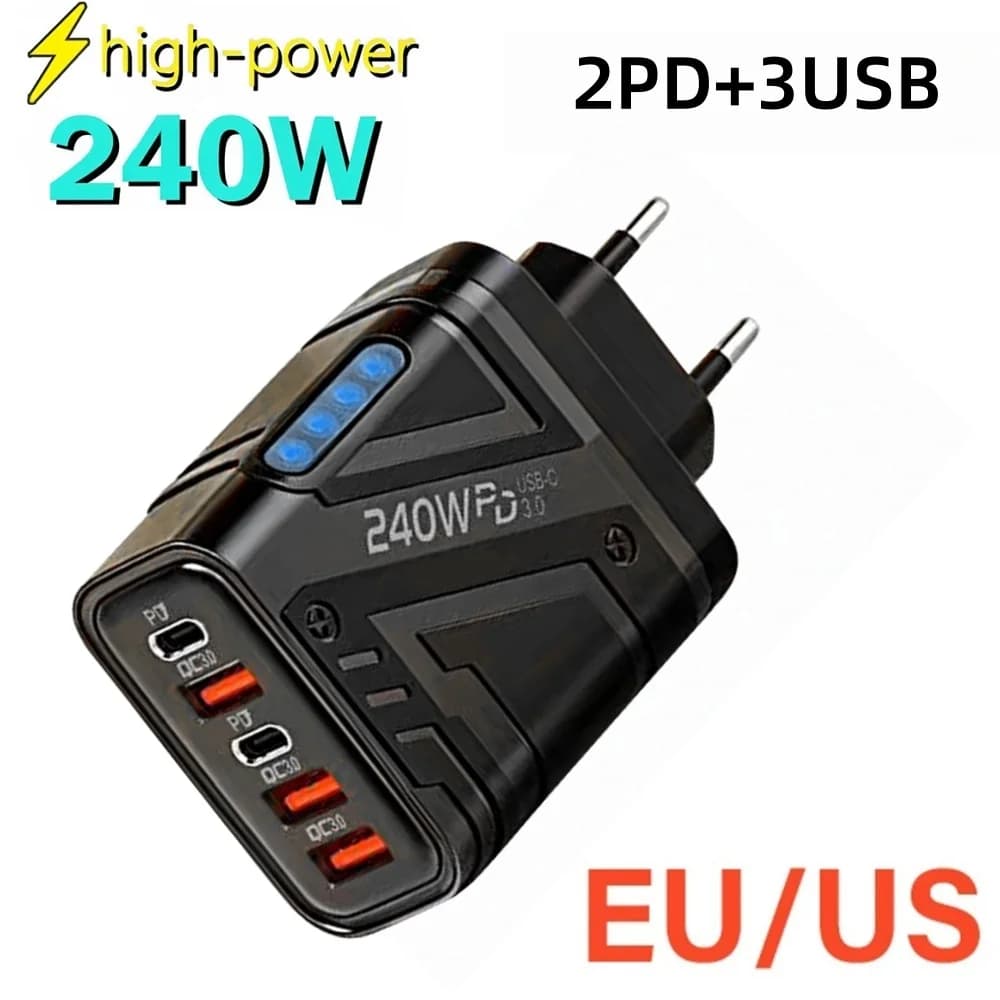 5 Port USB C Charger 240W PD Fast Charger Phone Adapter Wall Charger For iPhone Samsung Xiaomi Huawei Fast Charging Plug