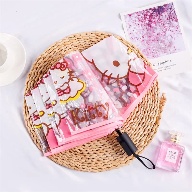 Cartoon Anime Kitty Cat Ombrello trasparente Simpatico portatile pieghevole completamente automatico Ombrello trasparente a tre ante Regalo per ragazze