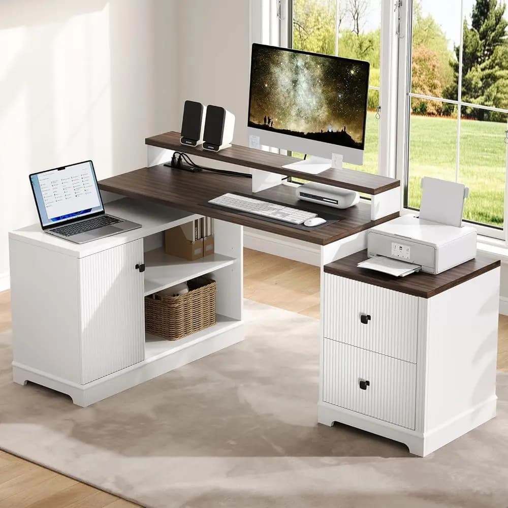 Scrivania a L da 67 pollici con cassetti, contenitore, supporto per monitor, ripiano per stampante - Mobili per ufficio domestico bianco antico