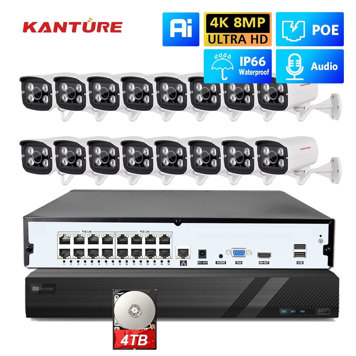 KANTURE 16CH NVR 4K AI Human Detection POE Security Camera System 8MP Audio Recording Monitoring Kit Outdoor Waterproof CCTV