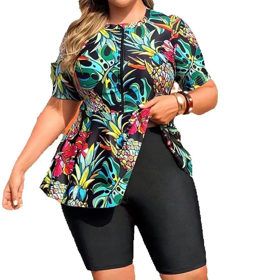 Plus-size two-piece conservative Swimsuit print short sleeved zippered shirt and shorts Swimwear