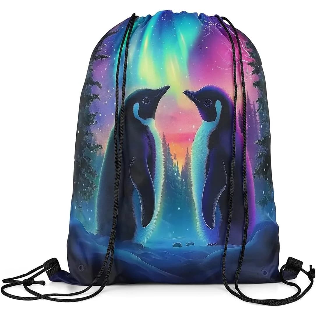 Zaino con coulisse Pinguino Borsa da palestra Northern Light Galaxy Northern Light Decor Zaino sportivo con coulisse