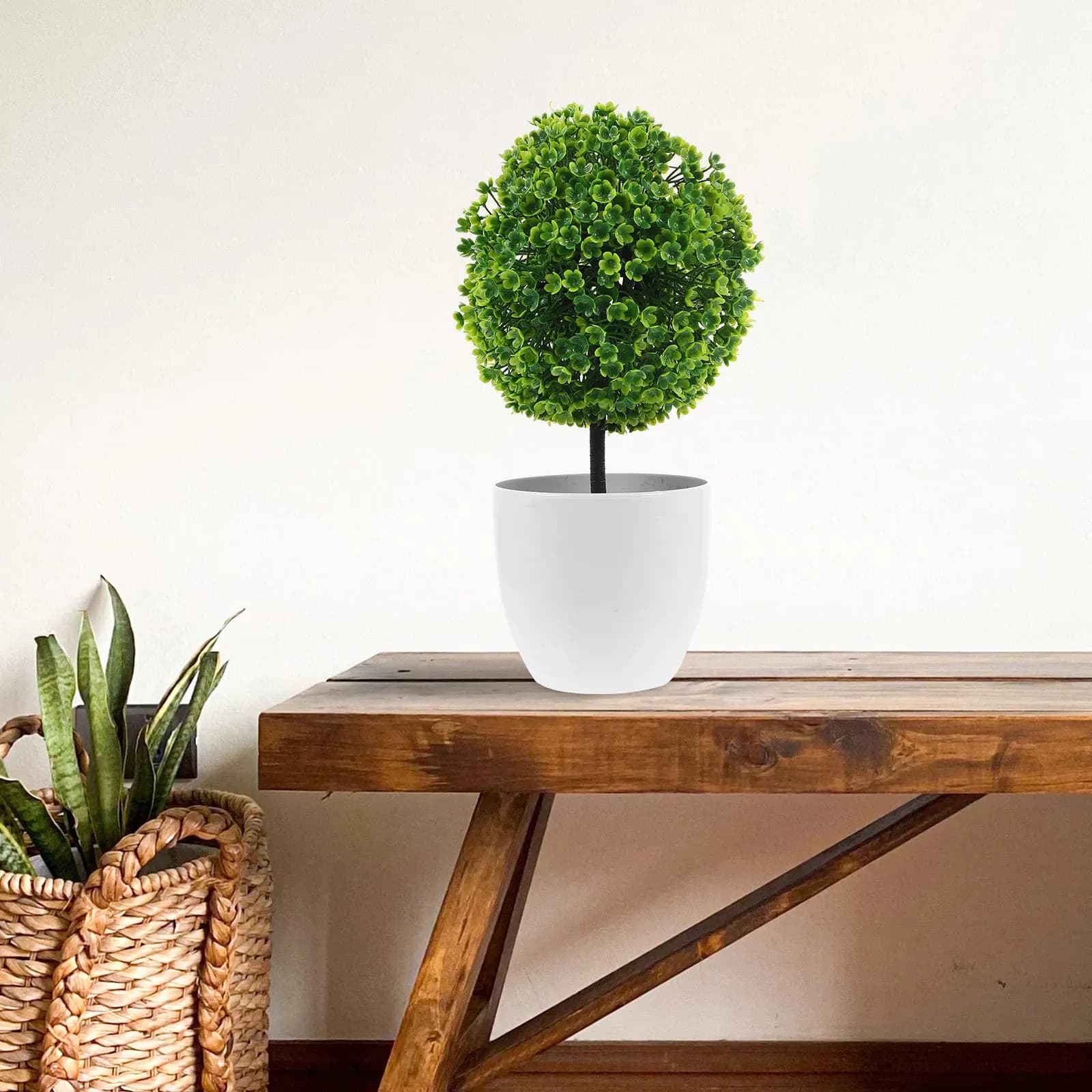 2 Pieces of Artificial Sfera Plants with White Vase Plastic Sheets, Green Decorative Bonsai Simulated for Home and Office