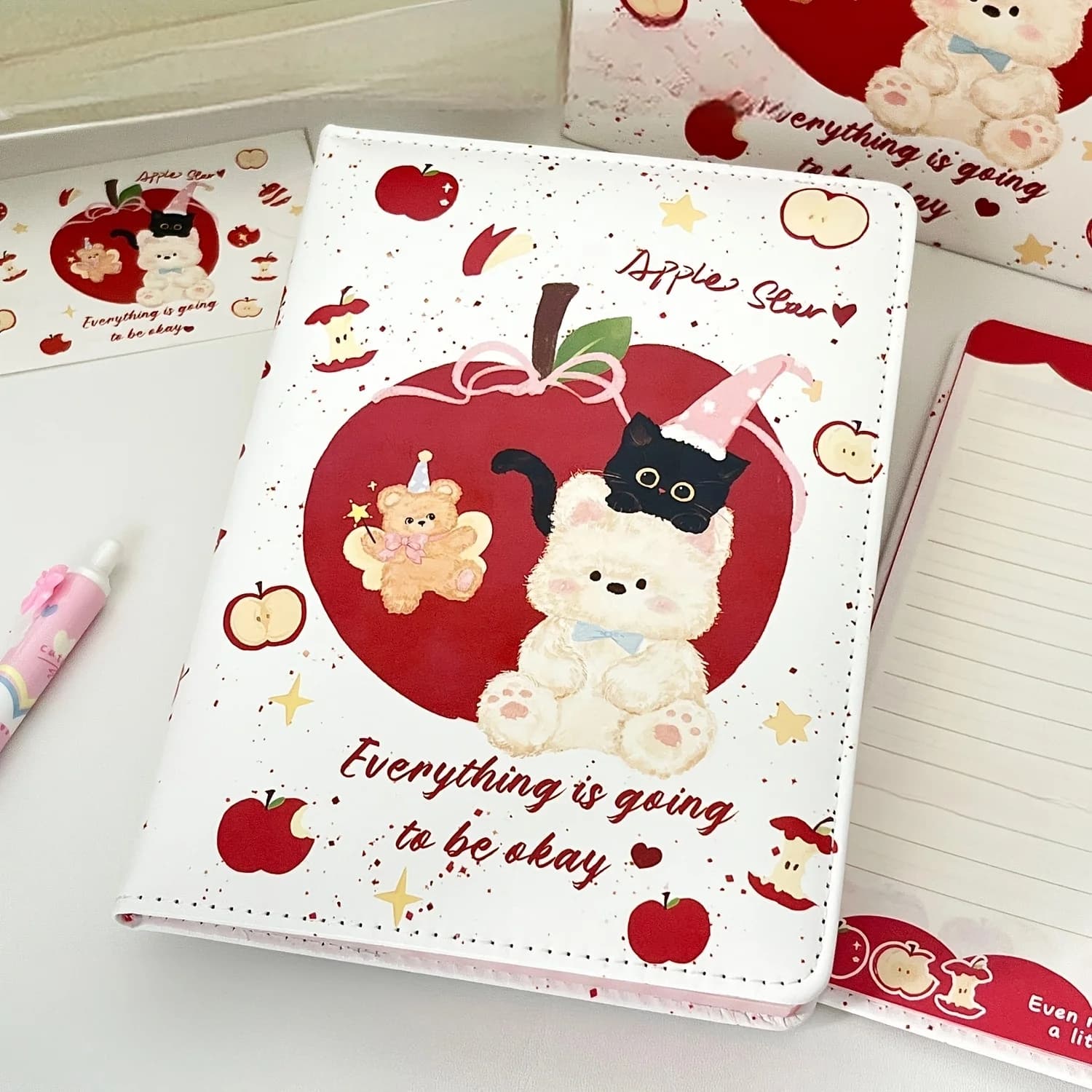 Korean Apple Bear Notebook A5 Page Ink Splash PU Cover Book Kawaii Hand Account Books Portable Daily Planner Collage Journal