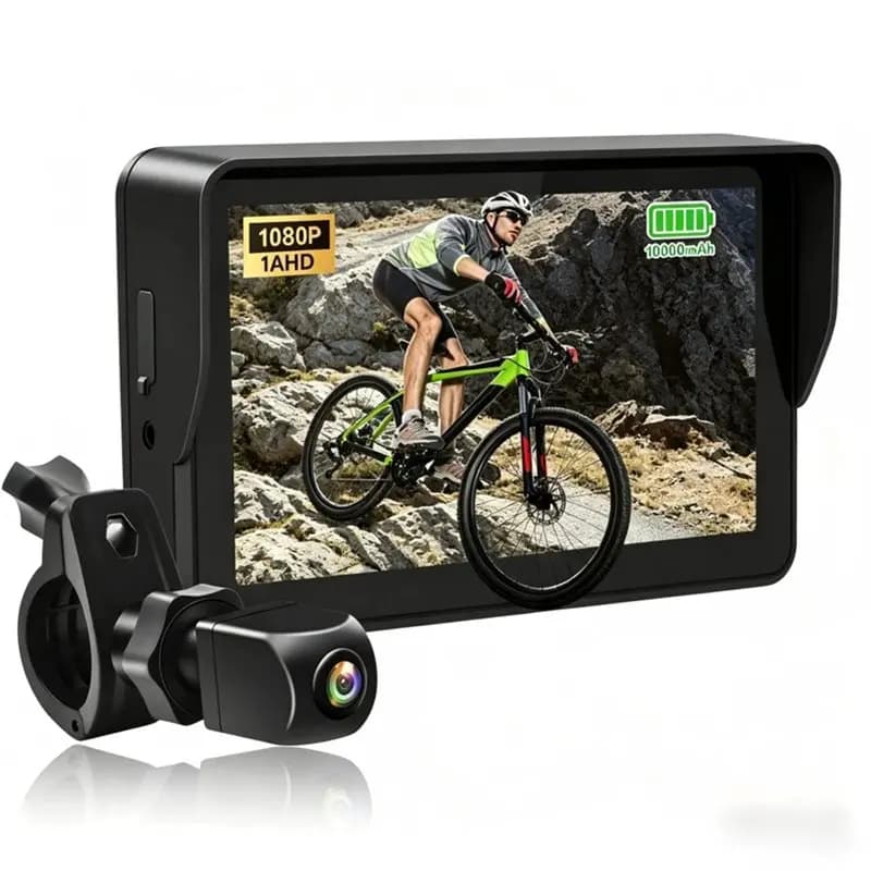 Bicycle Rear View Camera With 1080P AHD, 5" Screen Monitor, 360° Rotatable Bracket, 10000Mah Battery, And Bike Handlebar Mirror