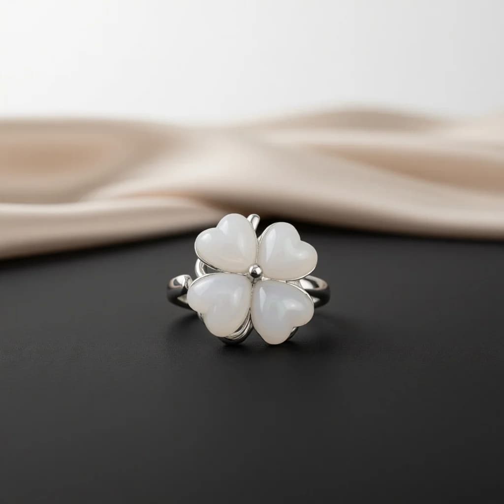 Rotatable Double Layer Clover Open Ring Imitation Jade Petal Design Fidget Spinner Adjustable Band Trendy Decor Women Jewelry