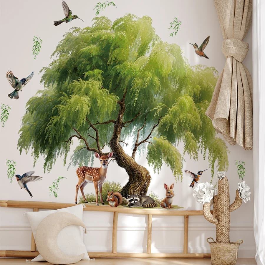 Cartoon Willow Tree Wall Stickers For Nursery Kids Room, Forest Animals Peel & Stick Wall Decals Removable Decor For Playroom
