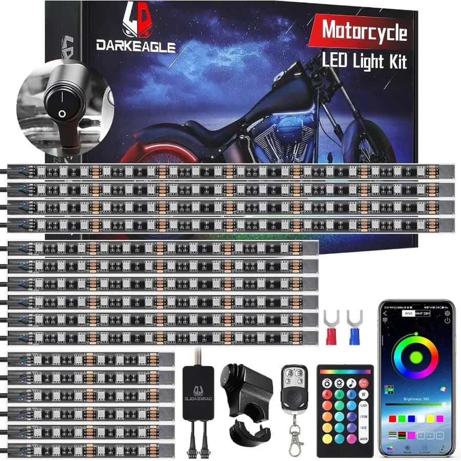 Kit luce LED per moto da 16 pezzi con interruttore manubrio segnale di svolta del freno, luci sottosmalto con telecomando APP/RF, neon dual zone RGB