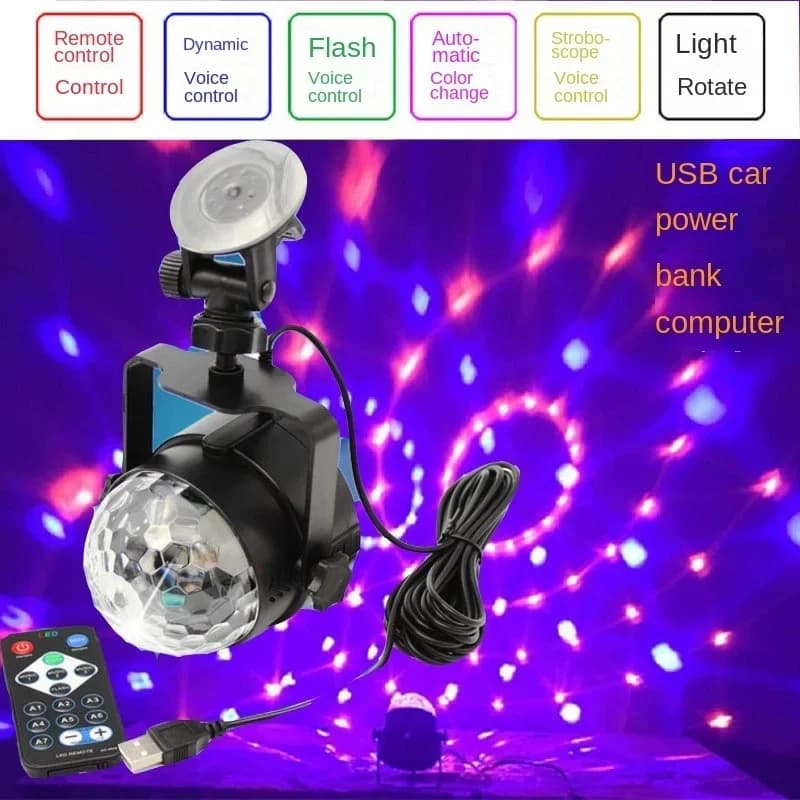 Lampada da DJ per auto Mini lampada a sfera magica in cristallo con controllo vocale USB, telecomando, LED, montaggio su auto, ricarica rotante, tesoro piccolo