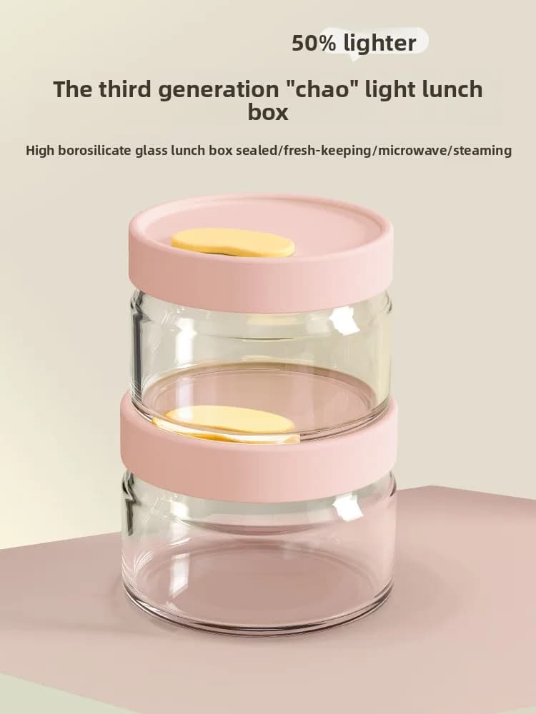 Contenitore Portatile Rotondo per Pranzo, Scatola per Insalata per Studenti, Ciotola per Conservazione Alimenti in Vetro Borosilicato, Monostrato, Design Semplice ed Elegante