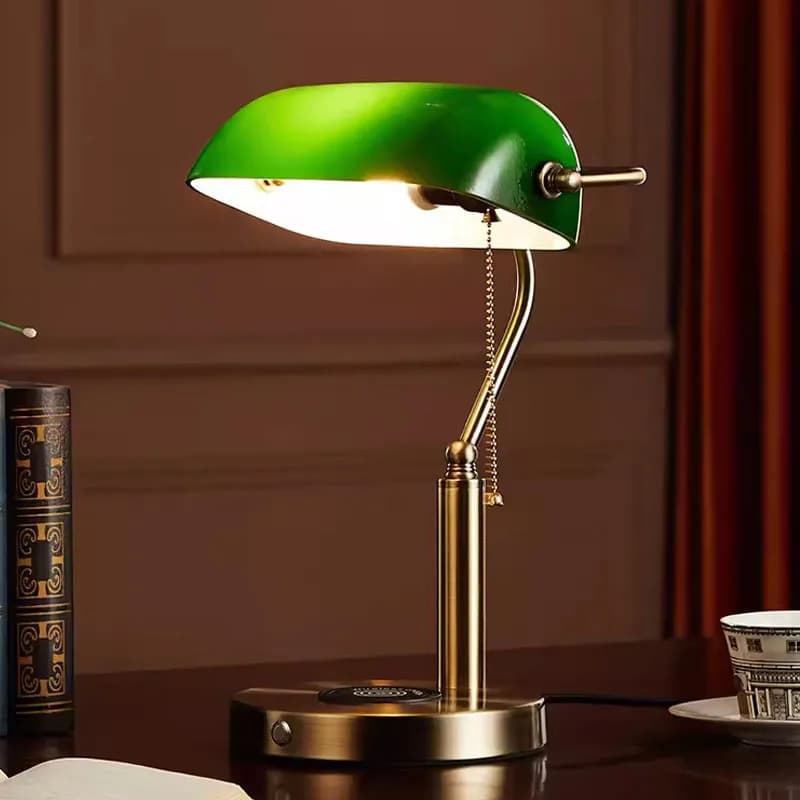 Nordic Retro Vintage Green Glass Banker Lamp Table Lamp Chain Switch Living Room Desk Lights Study Reading Bedroom E27 Lamp