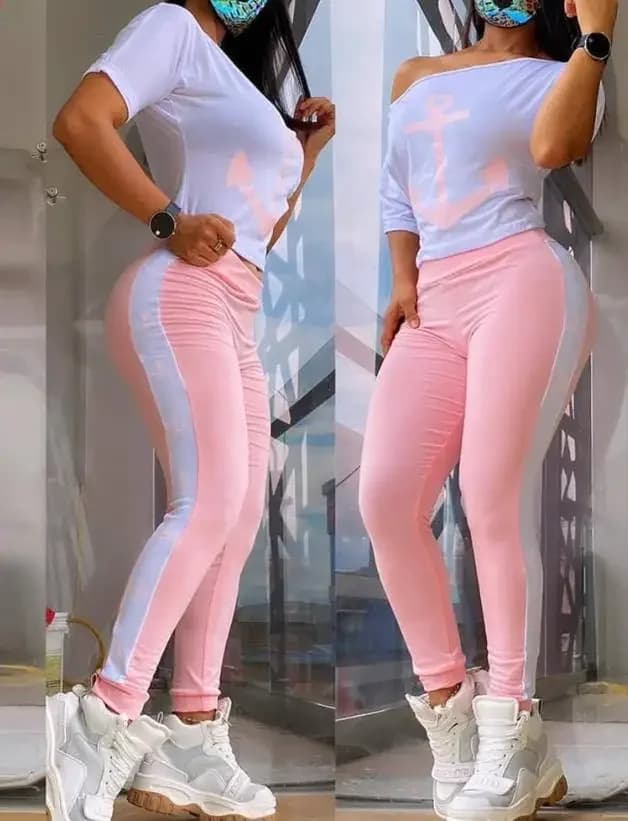 CPSYMYM Two Piece Set Women Outfit Summer Anchor Print Short Sleeve Round Neck Top & Casual High Waist Daily Long Pants