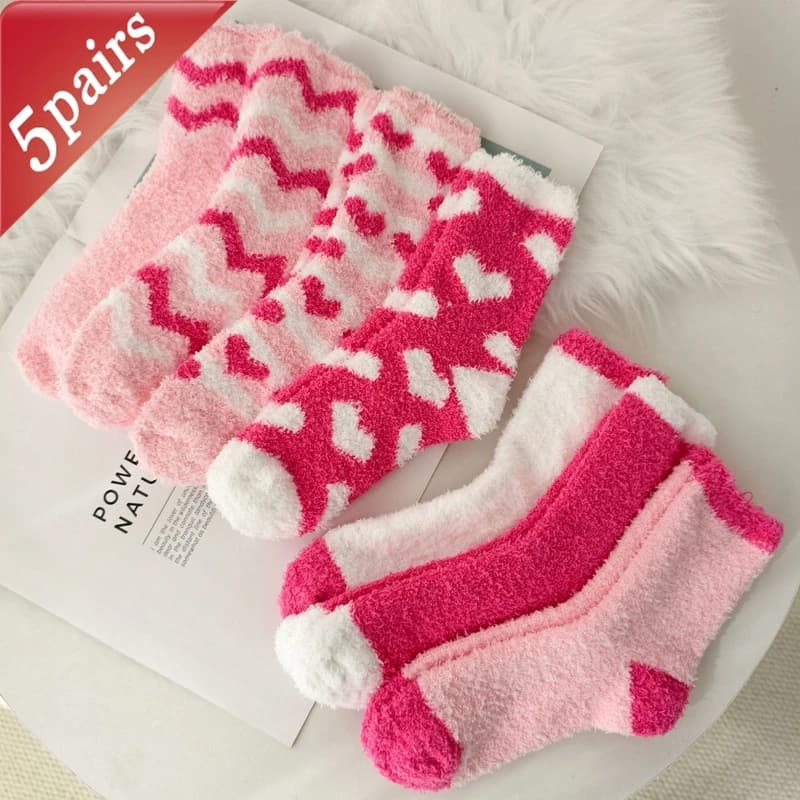 5 Pairs Ladies' Socks Set Winter Thickened Plushed Warm Coral Fleece Floor Socks Love Stripe Kawaii Cute Mid Tube Socks For Girl