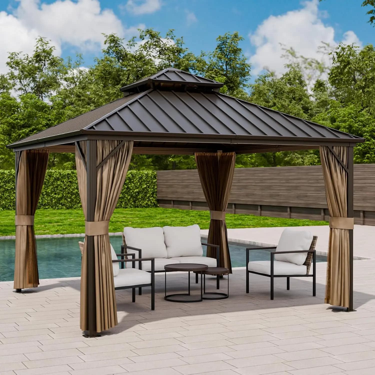 Gazebo 12x12 con Tetto Rigido, Struttura in Acciaio Zincato e Telaio in Alluminio, Padiglione da Esterno con Zanzariera e Tende, Personalizzabile